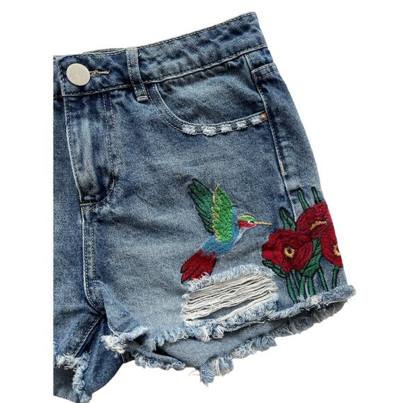 Dex Denim Emroidered Distressed Shorts with Hummingbird Flowers and Butterfly - Picture 2 of 8